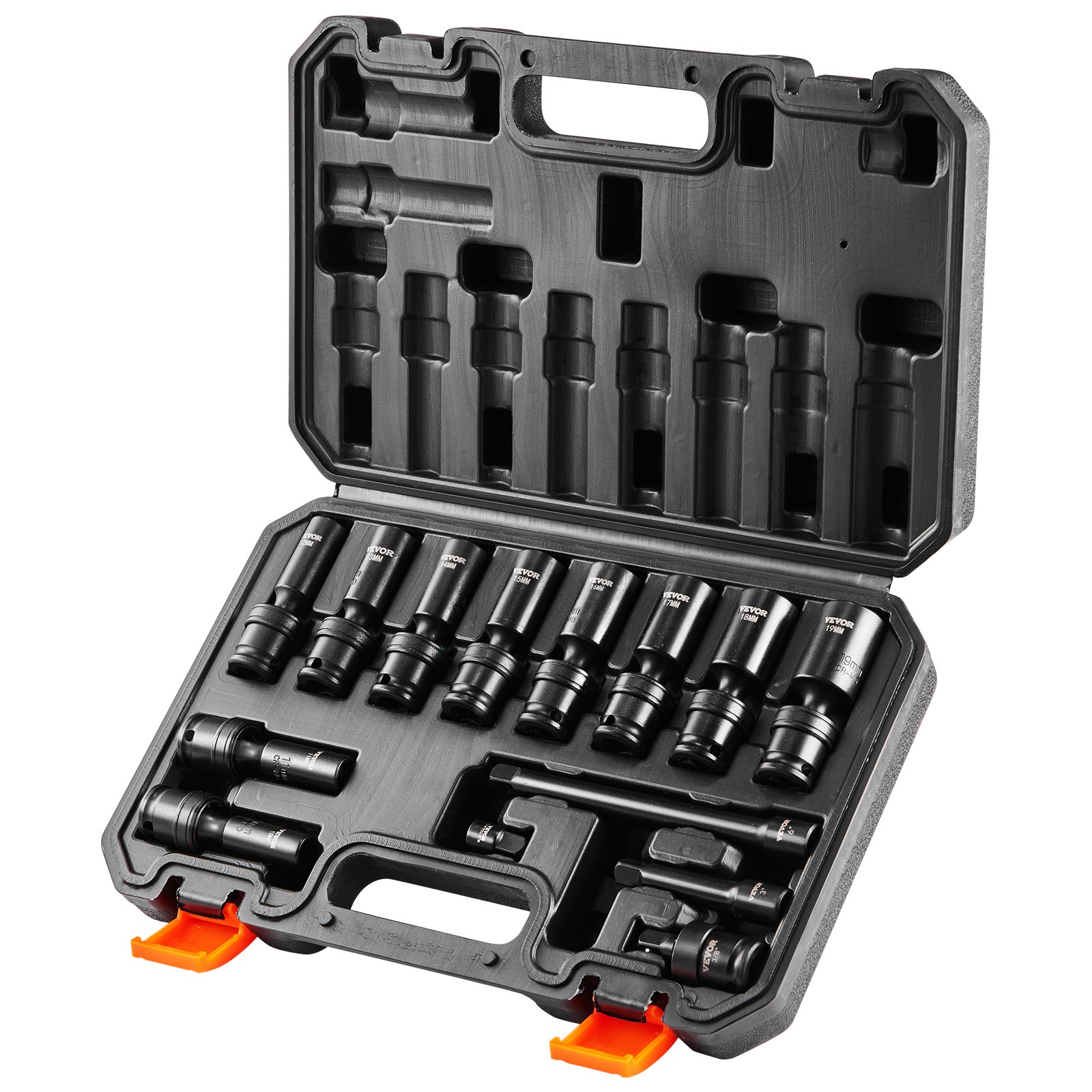 VEVOR Swivel Impact Socket Set, 14PCS Universal Socket Set - 3/8" Drive Deep Metric 10-19mm, 6 Point Cr-Mo Alloy Steel for Auto Repair, Easy-to-Read Size Markings, Rugged Construction