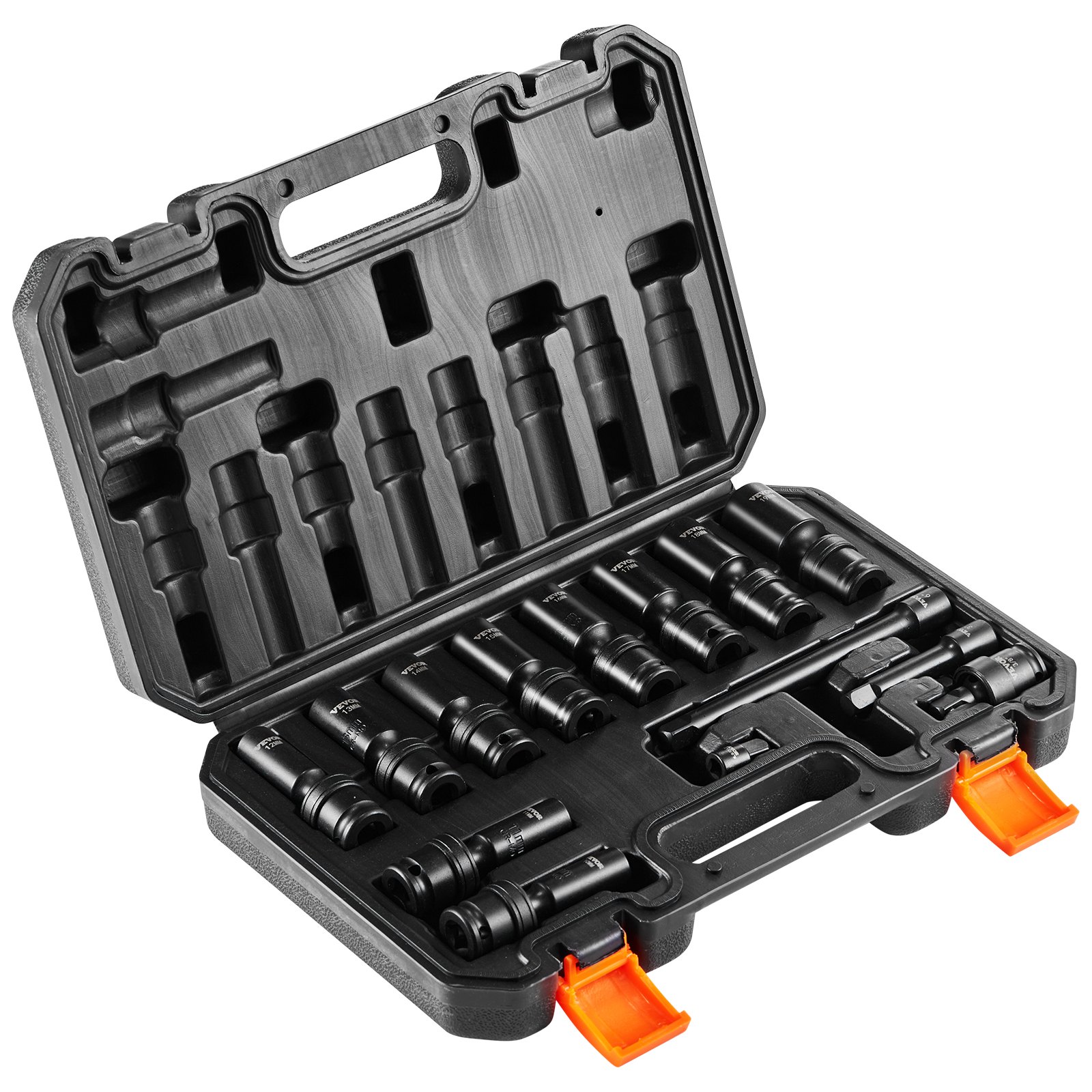 VEVOR Swivel Impact Socket Set, 14PCS Universal Socket Set - 3/8" Drive Deep Metric 10-19mm, 6 Point Cr-Mo Alloy Steel for Auto Repair, Easy-to-Read Size Markings, Rugged Construction