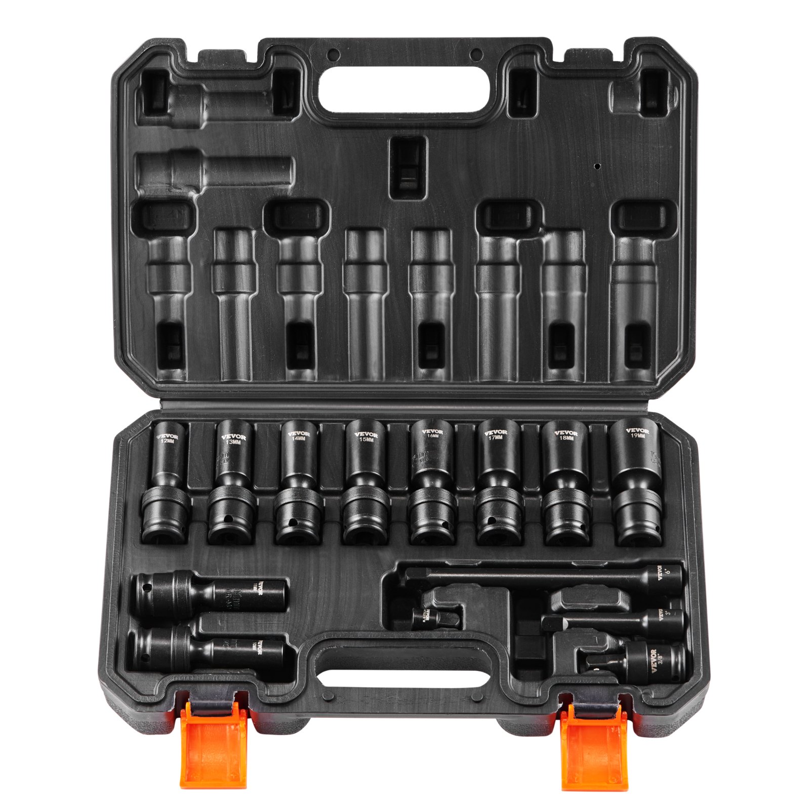VEVOR Swivel Impact Socket Set, 14PCS Universal Socket Set - 3/8" Drive Deep Metric 10-19mm, 6 Point Cr-Mo Alloy Steel for Auto Repair, Easy-to-Read Size Markings, Rugged Construction