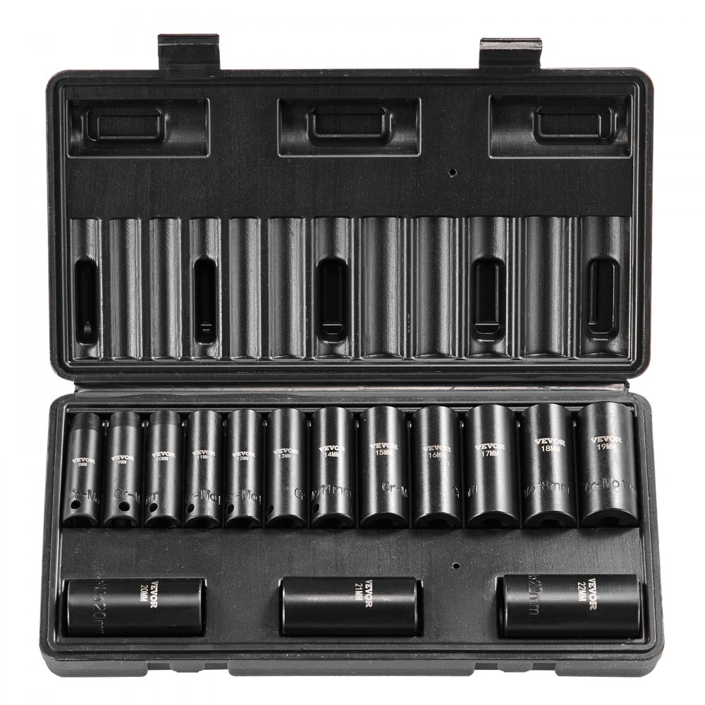 VEVOR Impact Sockets Set 15 stk 6-punkts 3/8in Drive Bit Ratchet Tool Kit Case