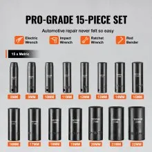 VEVOR Impact Sockets Set 15pcs 6-Point 3/8in Drive Bit Ratchet Tool Kit Case