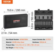 VEVOR Impact Sockets Set 15pcs 6-Point 3/8in Drive Bit Ratchet Tool Kit Case