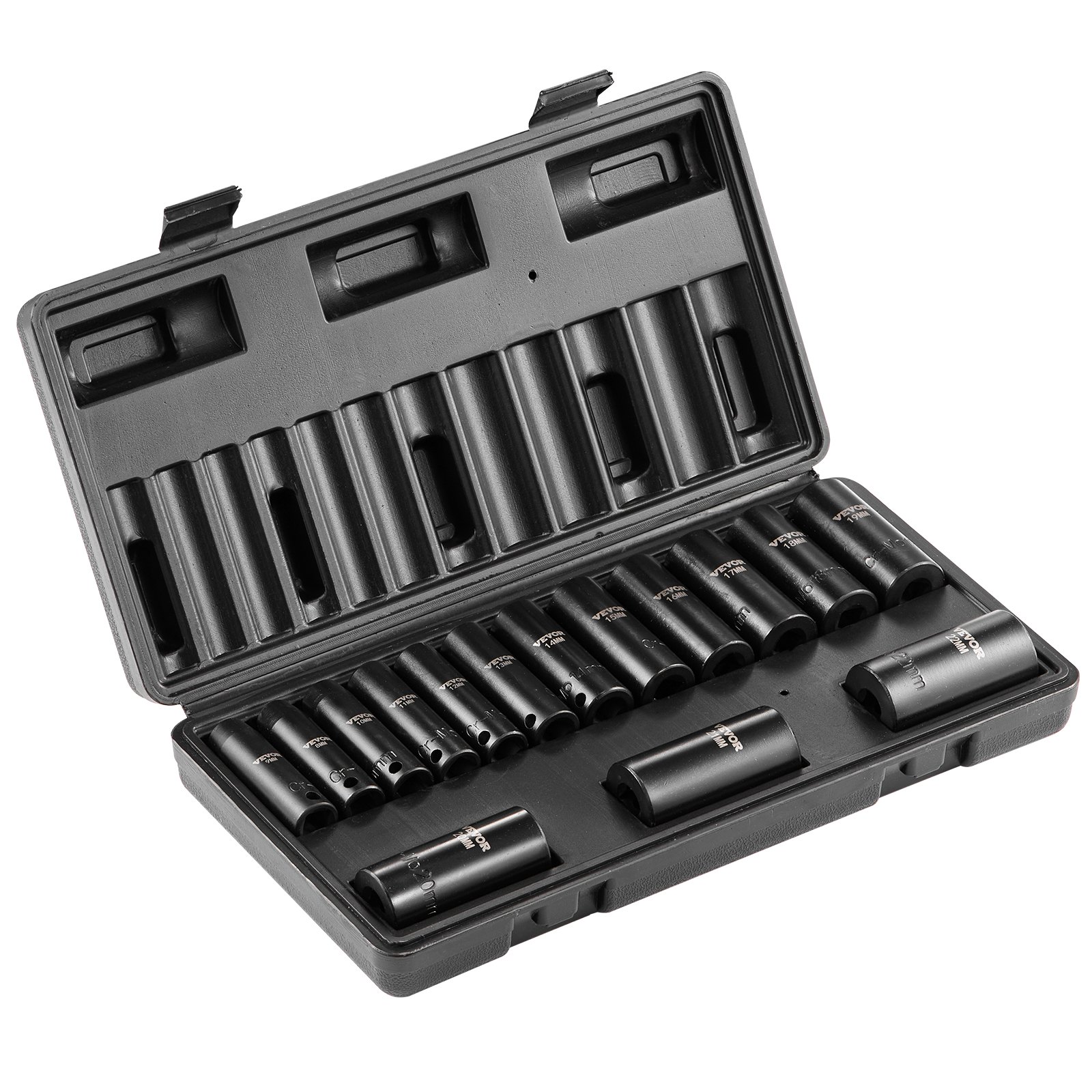 VEVOR 3/8" Drive Impact Socket Set, 15 Piece Deep Socket Set Metric 8-22mm, 6 Point Cr-Mo Alloy Steel for Auto Repair, Easy-to-Read Size Markings, Rugged Construction, Includes Storage Case