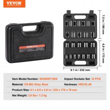 VEVOR Impact Sockets Set 12pcs 6-Point 3/8in Drive Bit Ratchet Tool Kit Case
