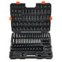 Conjunto de soquetes de impacto VEVOR com 130 peças de 3/8" e 1/2" - Conjunto de soquetes com acionamento SAE e métrico - Aço-liga Cr-Mo de 6 pontas para reparo automotivo - Marcações de tamanho fáceis de ler - Inclui estojo de armazenamento