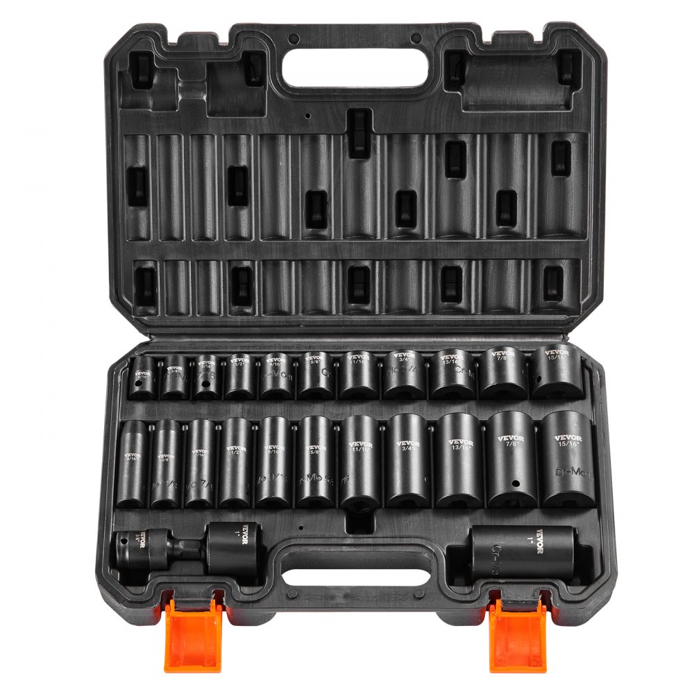 VEVOR Impact Sockets Set 25pcs 6-Point 3/8in Drive Bit Ratchet Tool Kit Case