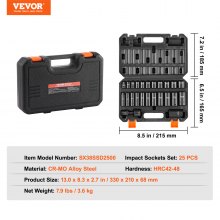 VEVOR Impact Sockets Set 25pcs 6-Point 3/8in Drive Bit Ratchet Tool Kit Case