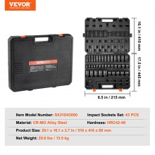 VEVOR Impact Sockets Set 43pcs 6-Point 1/2in Drive Bit Ratchet Tool Kit Case