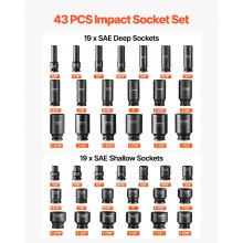 VEVOR Impact Sockets Set 43pcs 6-Point 1/2in Drive Bit Ratchet Tool Kit Case