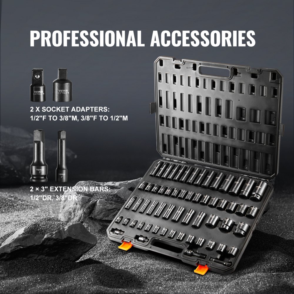 VEVOR 3/8" & 1/2" Drive Impact Socket Set, 59PCS Socket Set SAE 5/16" to 1-1/4" and Metric 6-32mm, 6 Point Cr-Mo Alloy Steel for Auto Repair, Easy-to-Read Markings, Rugged Construction, Storage Case