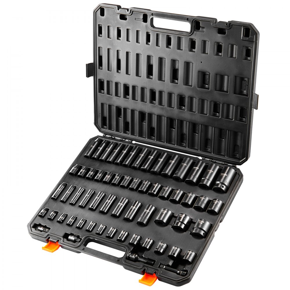 VEVOR 3/8" & 1/2" Drive Impact Socket Set, 59PCS Socket Set SAE 5/16" to 1-1/4" and Metric 6-32mm, 6 Point Cr-Mo Alloy Steel for Auto Repair, Easy-to-Read Markings, Rugged Construction, Storage Case