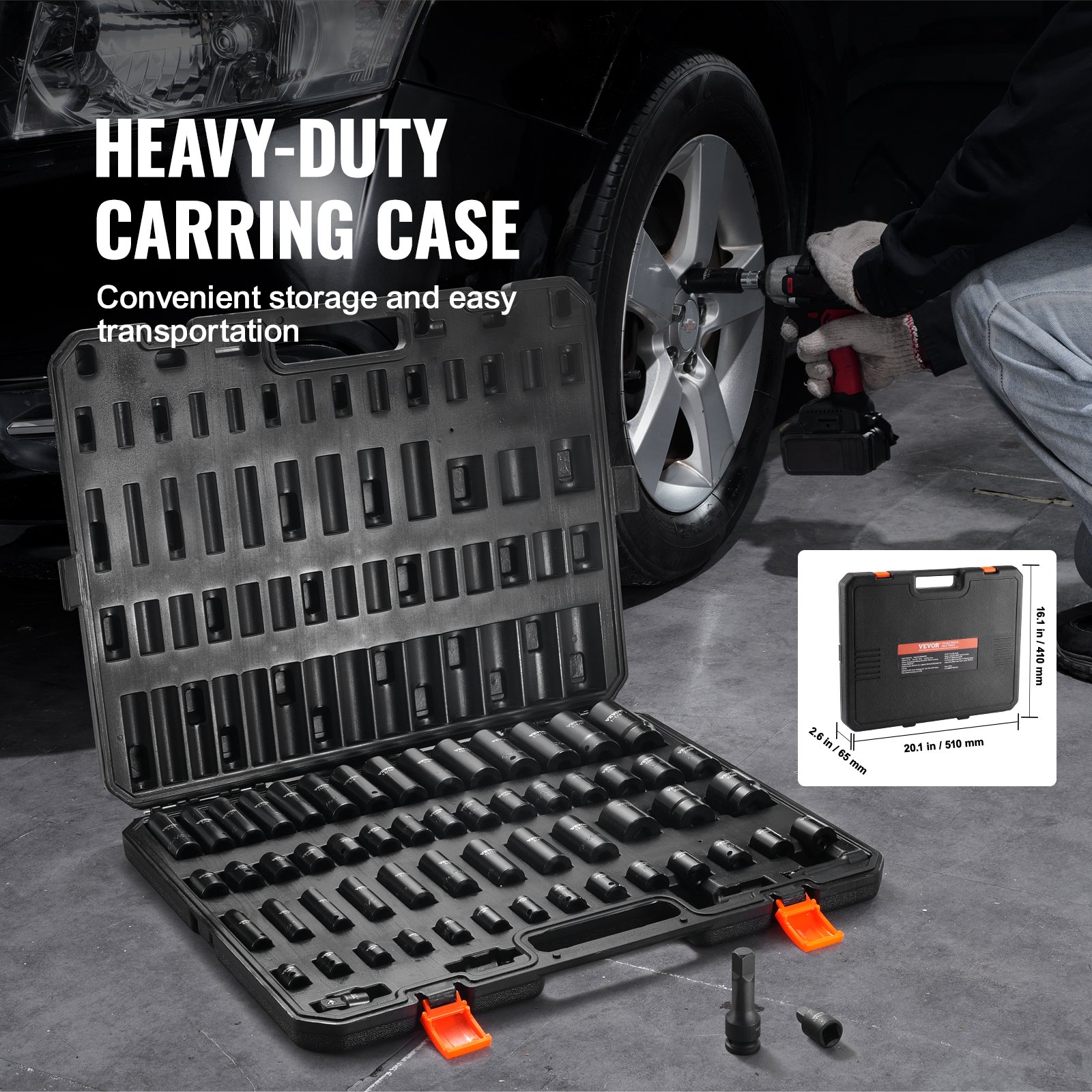 VEVOR 3/8" & 1/2" Drive Impact Socket Set, 59PCS Socket Set SAE 5/16" to 1-1/4" and Metric 6-32mm, 6 Point Cr-Mo Alloy Steel for Auto Repair, Easy-to-Read Markings, Rugged Construction, Storage Case