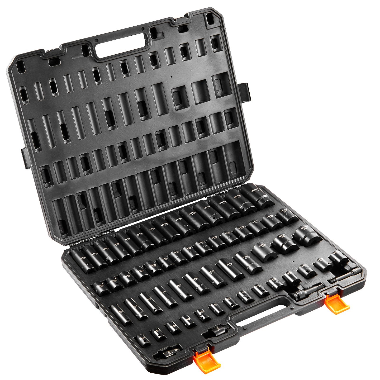 VEVOR 3/8" & 1/2" Drive Impact Socket Set, 59PCS Socket Set SAE 5/16" to 1-1/4" and Metric 6-32mm, 6 Point Cr-Mo Alloy Steel for Auto Repair, Easy-to-Read Markings, Rugged Construction, Storage Case