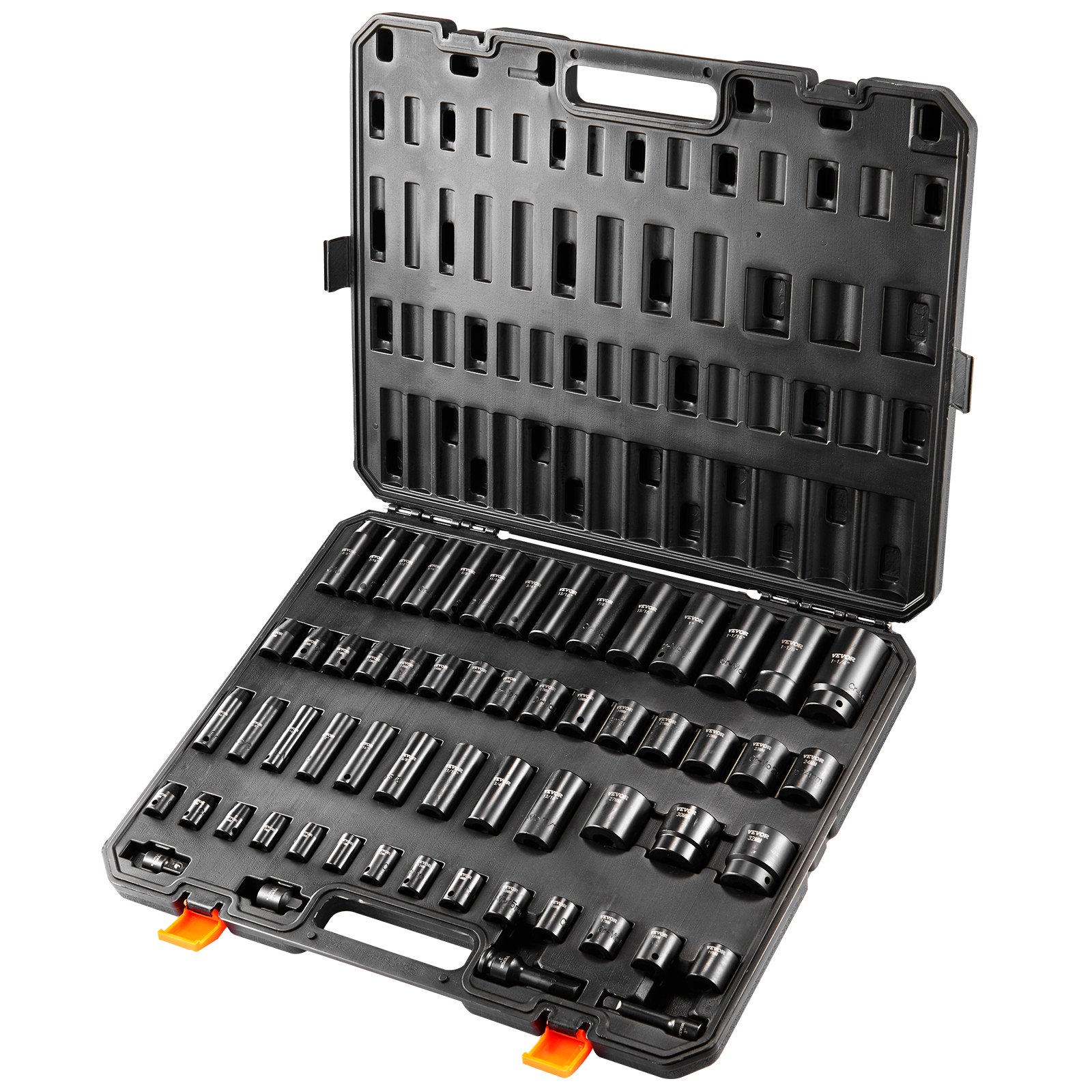 VEVOR 3/8" & 1/2" Drive Impact Socket Set, 59PCS Socket Set SAE 5/16" to 1-1/4" and Metric 6-32mm, 6 Point Cr-Mo Alloy Steel for Auto Repair, Easy-to-Read Markings, Rugged Construction, Storage Case