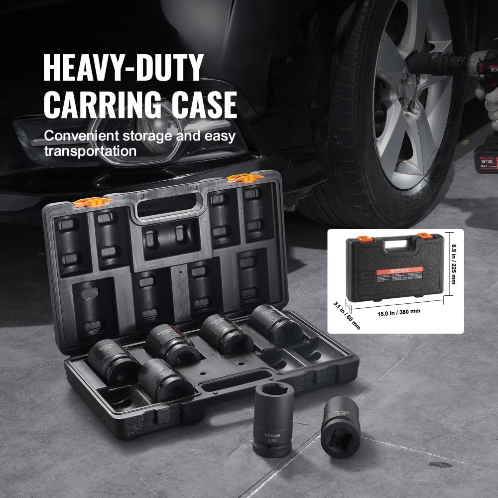 VEVOR 1" Drive Impact Socket Set, 8 Piece Deep Socket Set Metric 27-41mm, 6 Point Cr-Mo Alloy Steel for Auto Repair, Easy-to-Read Size Markings, Rugged Construction, Includes Storage Case