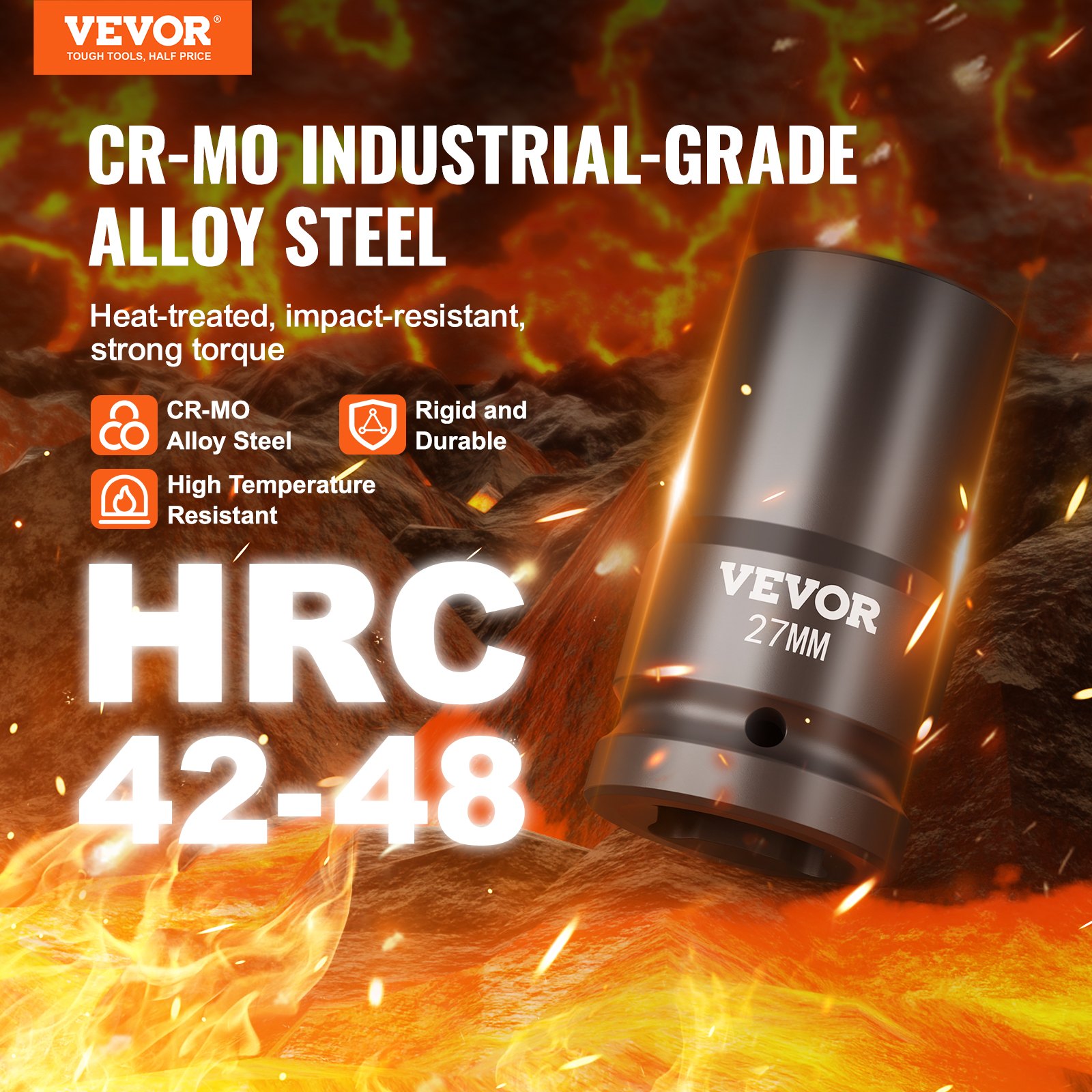 VEVOR 1" Drive Impact Socket Set, 8 Piece Deep Socket Set Metric 27-41mm, 6 Point Cr-Mo Alloy Steel for Auto Repair, Easy-to-Read Size Markings, Rugged Construction, Includes Storage Case