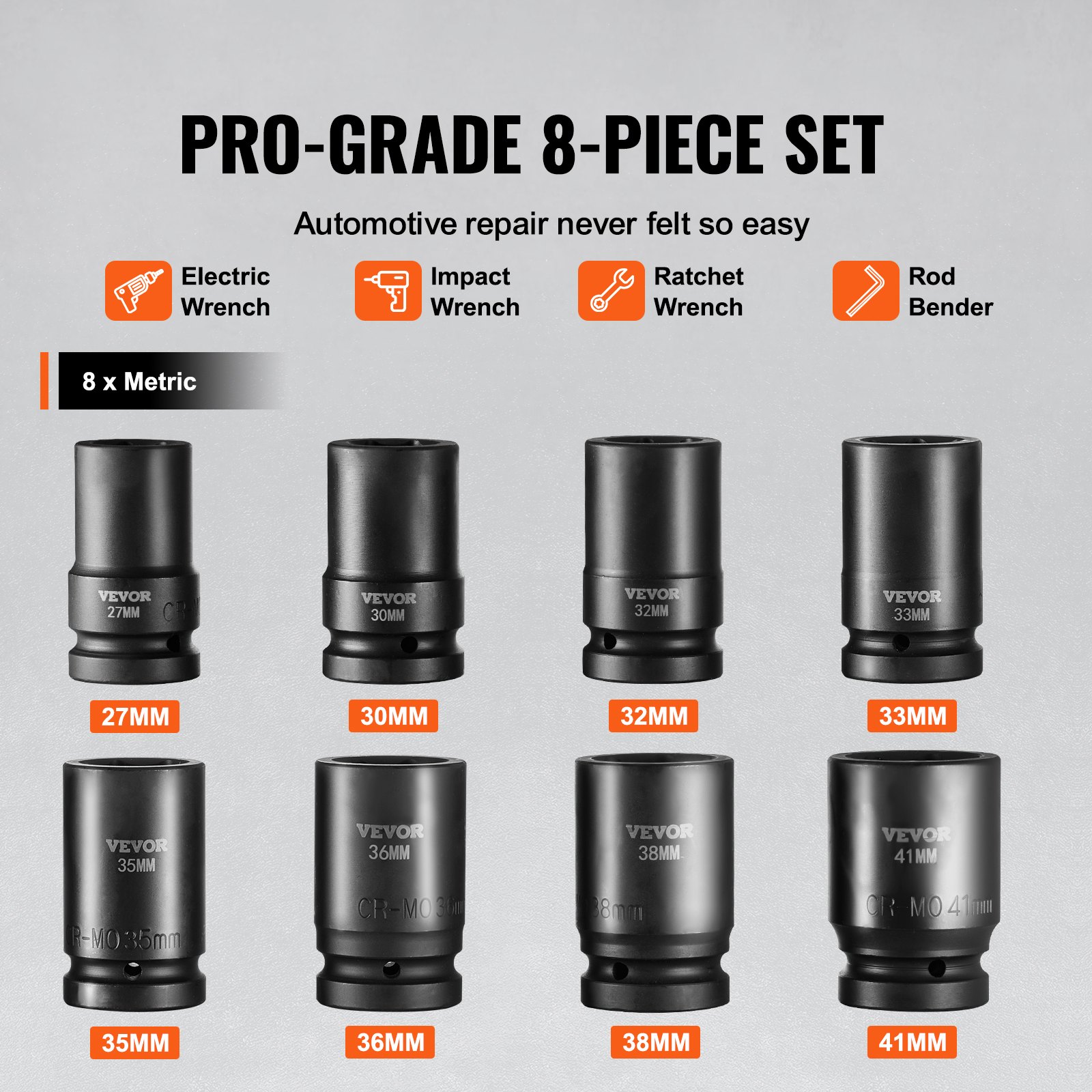 VEVOR 1" Drive Impact Socket Set, 8 Piece Deep Socket Set Metric 27-41mm, 6 Point Cr-Mo Alloy Steel for Auto Repair, Easy-to-Read Size Markings, Rugged Construction, Includes Storage Case