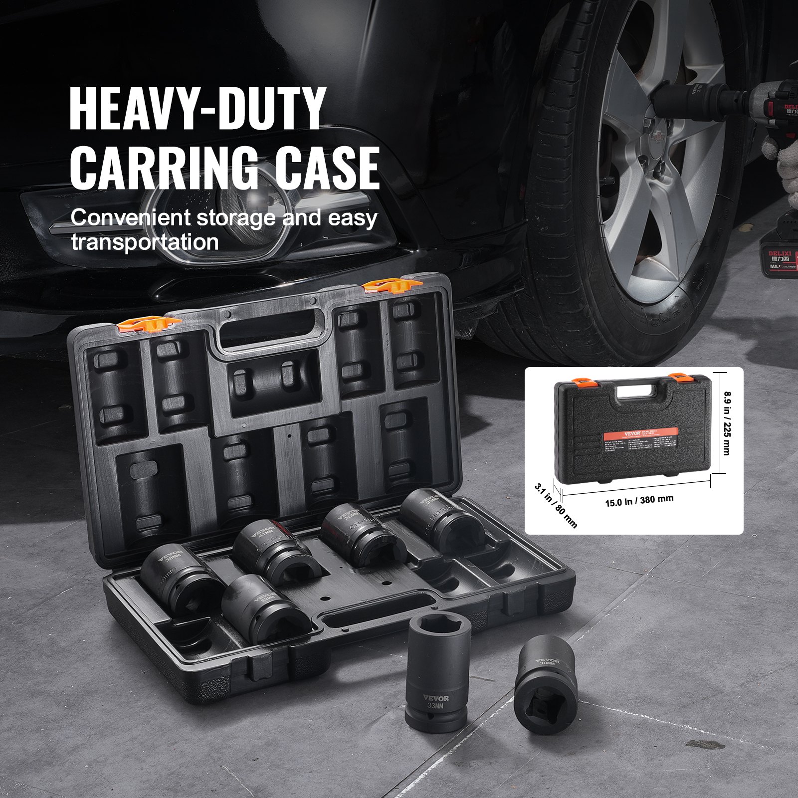 VEVOR 1" Drive Impact Socket Set, 8 Piece Deep Socket Set Metric 27-41mm, 6 Point Cr-Mo Alloy Steel for Auto Repair, Easy-to-Read Size Markings, Rugged Construction, Includes Storage Case