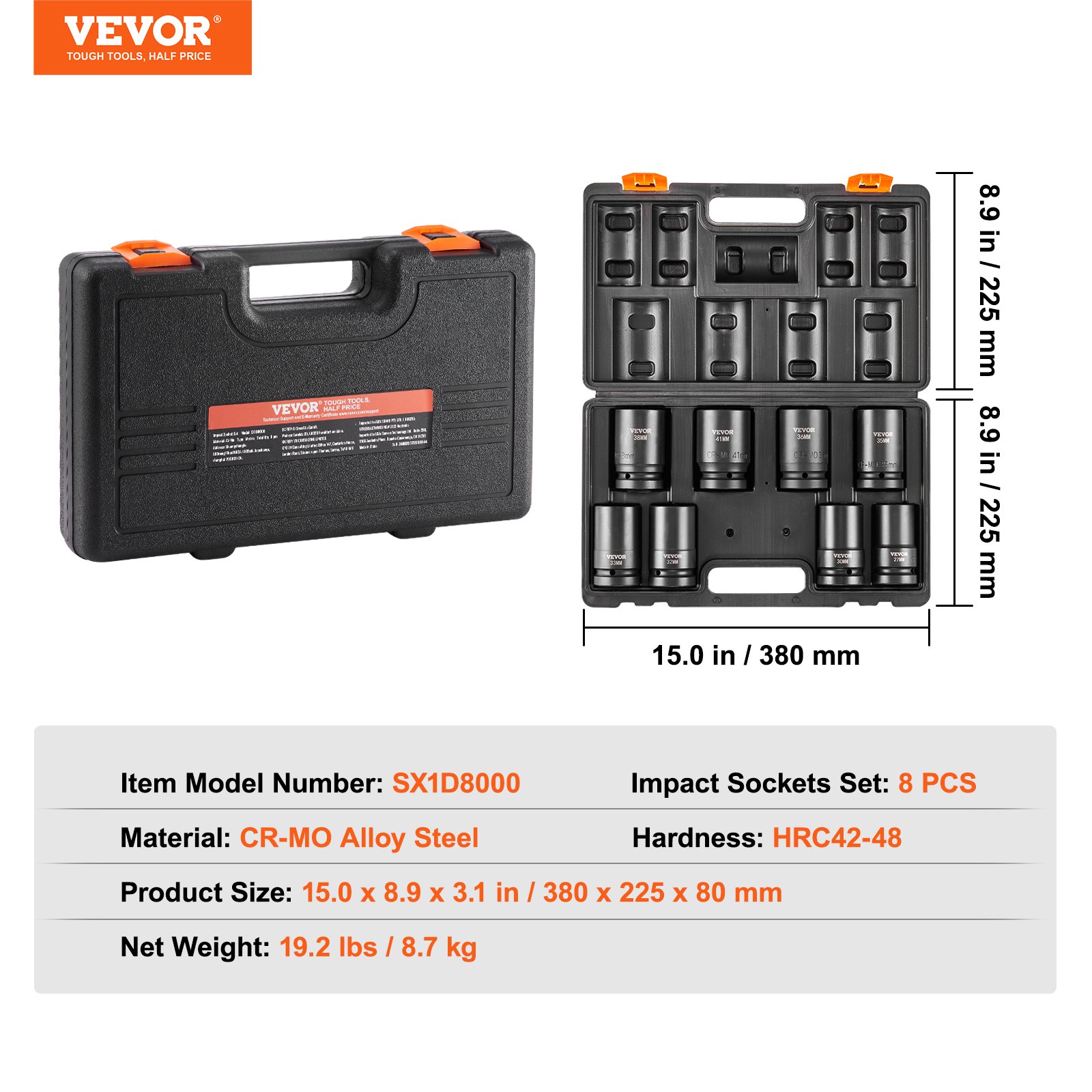 VEVOR 1" Drive Impact Socket Set, 8 Piece Deep Socket Set Metric 27-41mm, 6 Point Cr-Mo Alloy Steel for Auto Repair, Easy-to-Read Size Markings, Rugged Construction, Includes Storage Case