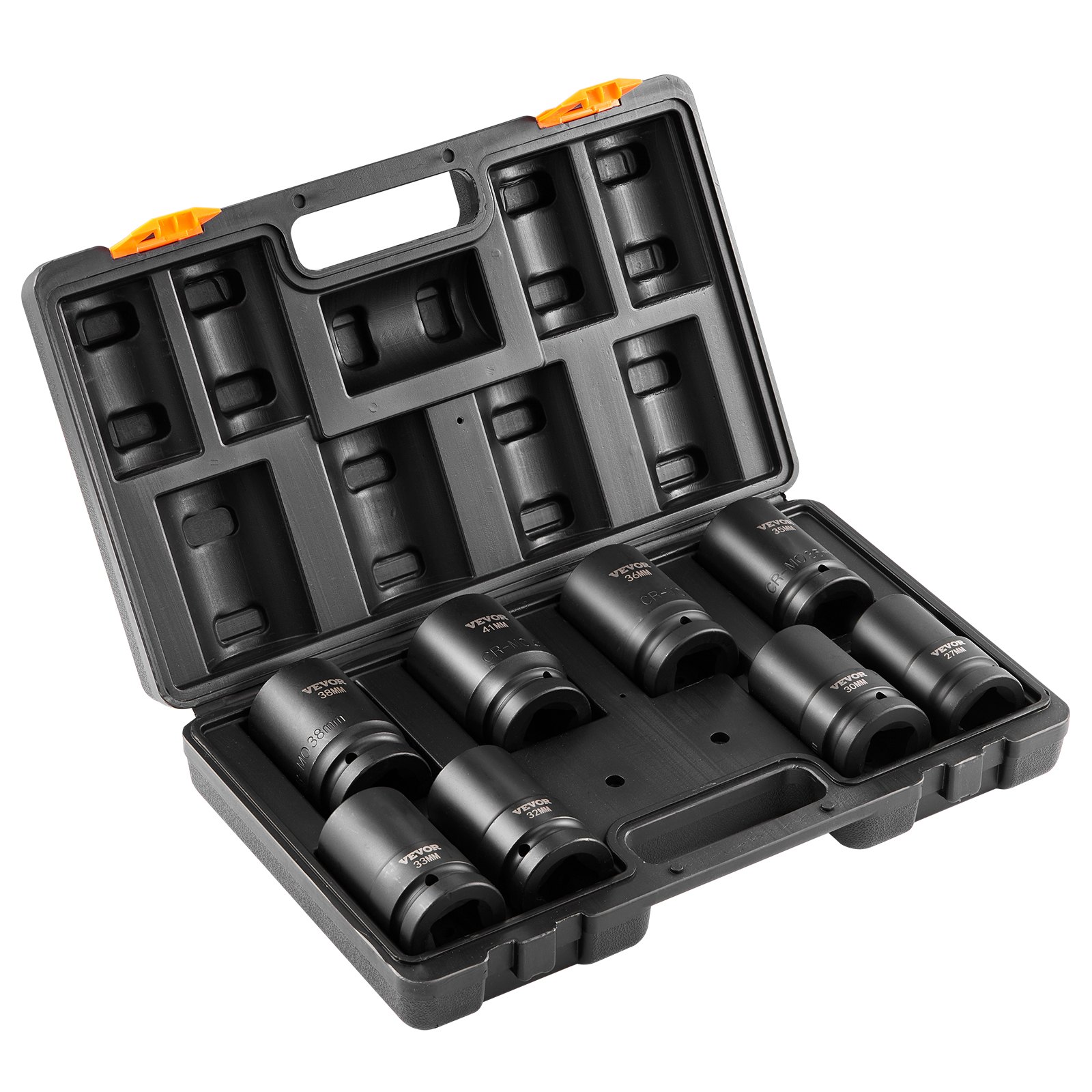 VEVOR 1" Drive Impact Socket Set, 8 Piece Deep Socket Set Metric 27-41mm, 6 Point Cr-Mo Alloy Steel for Auto Repair, Easy-to-Read Size Markings, Rugged Construction, Includes Storage Case
