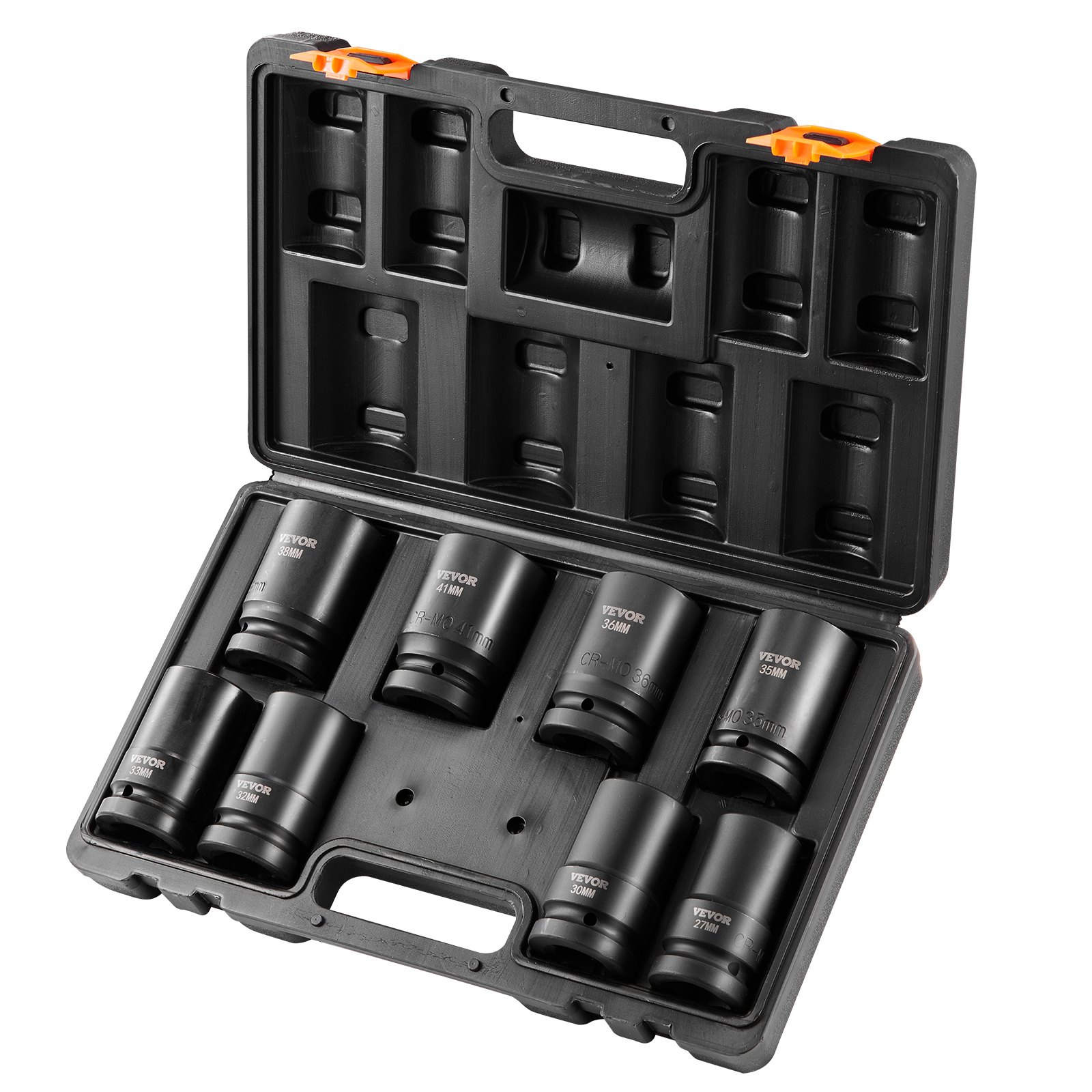 VEVOR 1" Drive Impact Socket Set, 8 Piece Deep Socket Set Metric 27-41mm, 6 Point Cr-Mo Alloy Steel for Auto Repair, Easy-to-Read Size Markings, Rugged Construction, Includes Storage Case
