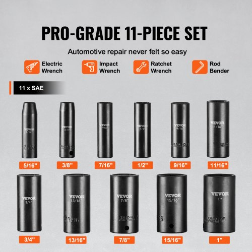 VEVOR 3/8 Drive Impact Socket Set 11-piece Sae Deep Sockets 5/16-1 6-point Cr-v Alloy Steel With Storage Case VEVOR 3/8 Drive Impact Socket Set 11-piece Sae Deep Sockets 5/16-1 6-point Cr-v Alloy Steel With Storage Case
