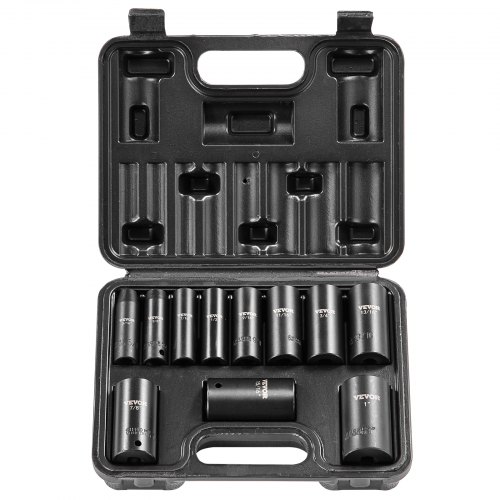 VEVOR 3/8" Drive Impact Socket Set, 11 Piece Deep Socket Set SAE 5/16"-1", 6 Point CR-V Alloy Steel for Auto Repair, Easy-to-Read Size Markings, Rugged Construction, Includes Storage Case