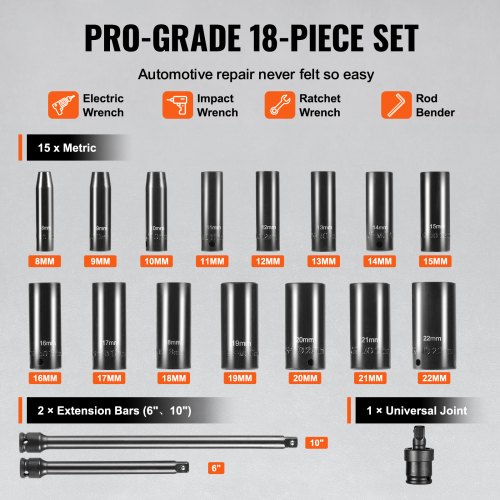 VEVOR 3/8" Drive Impact Socket Set, 18 Piece Deep Socket Set Metric 8-22mm, 6 Point CR-V Alloy Steel for Auto Repair, Easy-to-Read Size Markings, Rugged Construction, Includes Storage Case | VEVOR UK VEVOR 3/8" Drive Impact Socket Set, 18 Piece Deep Socket Set Metric 8-22mm, 6 Point CR-V Alloy Steel for Auto Repair, Easy-to-Read Size Markings, Rugged Construction, Includes Storage Case | VEVOR UK