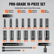 VEVOR Impact Sockets Set 18pcs 6-Point 3/8" Drive Bit Ratchet Tool Kit Case