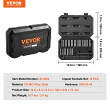 VEVOR Impact Sockets Set 18pcs 6-Point 3/8" Drive Bit Ratchet Tool Kit Case