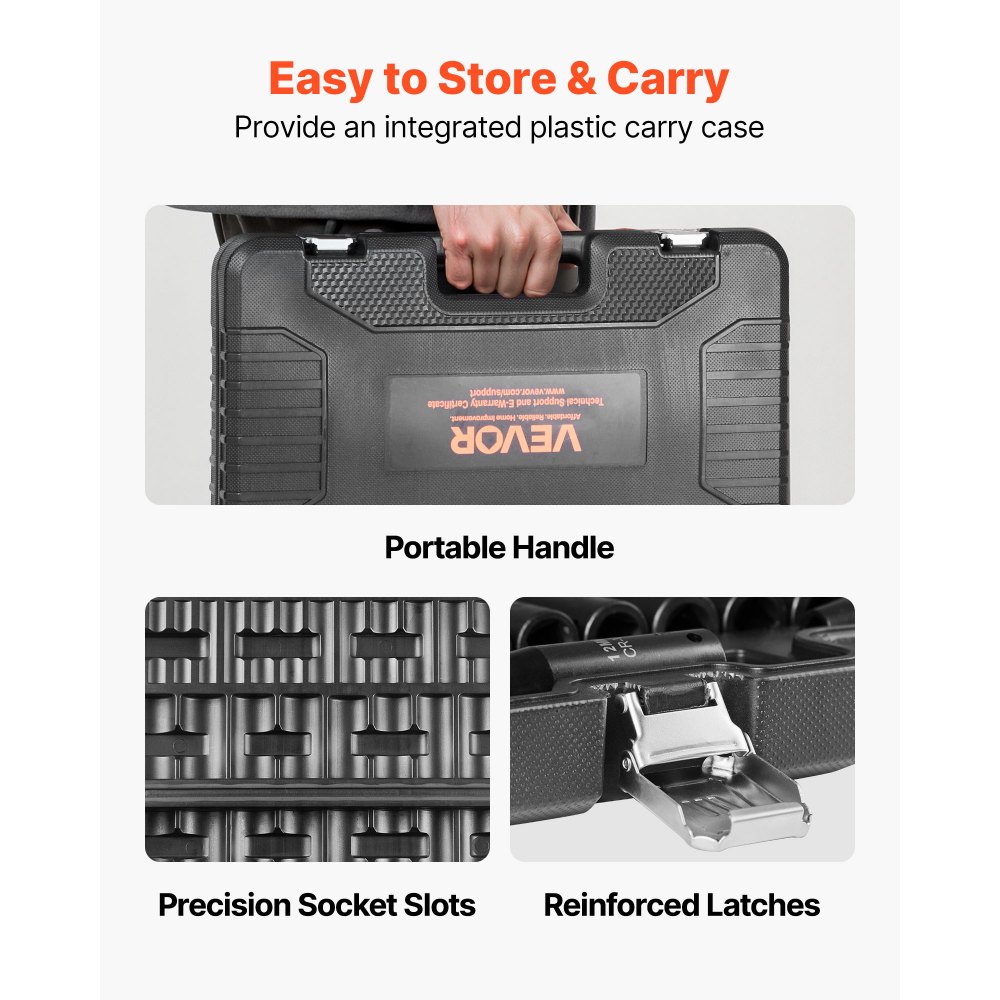 VEVOR Drive Impact Socket Set 1/2" - 26 Piece Deep Socket Set Metric 11-36 mm, 6 Point CR-V & Cr-Mo Alloy Steel for Auto Repair - Easy-to-Read Size Markings, Rugged Sockets Organizer, Storage Case