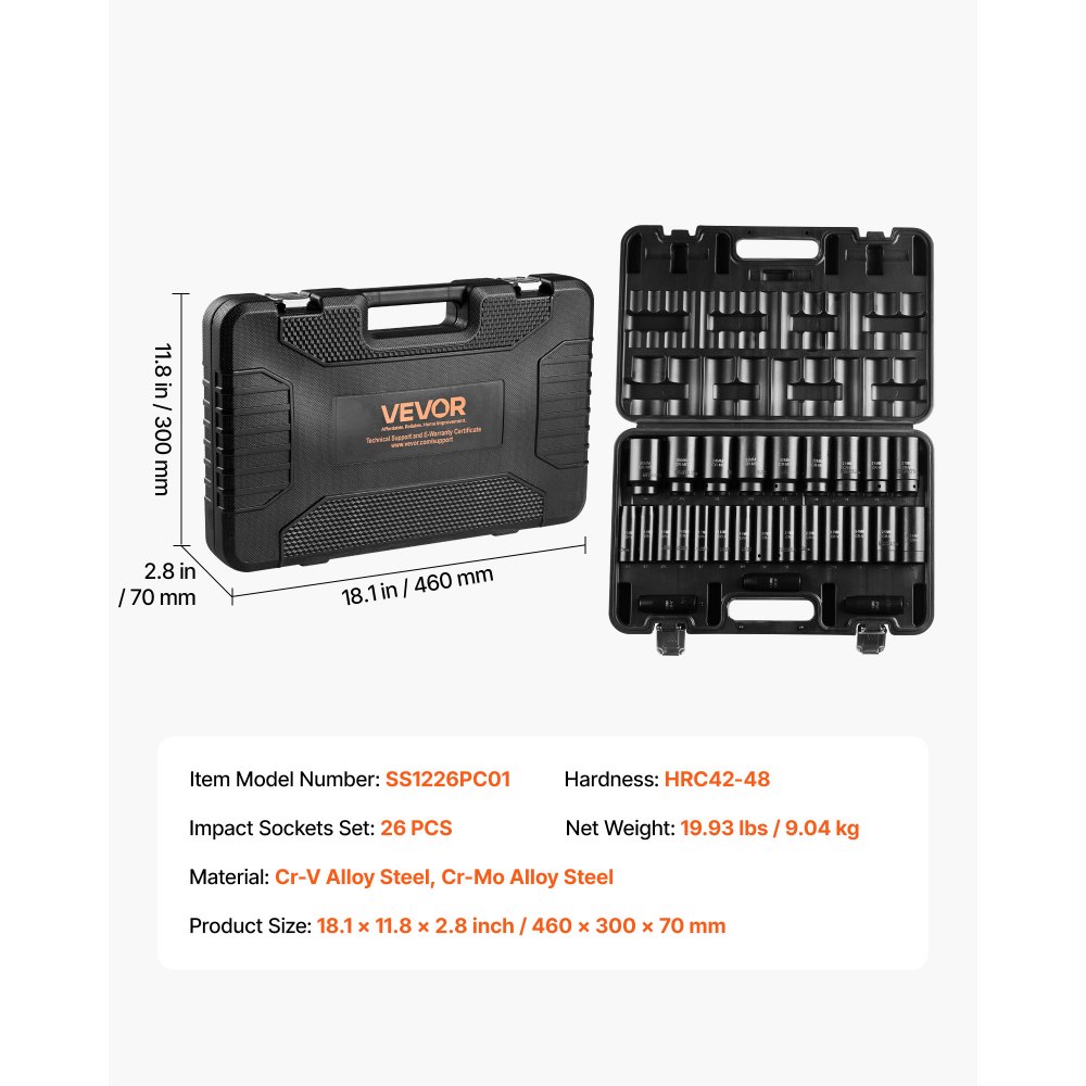 VEVOR Drive Impact Socket Set 1/2" - 26 Piece Deep Socket Set Metric 11-36 mm, 6 Point CR-V & Cr-Mo Alloy Steel for Auto Repair - Easy-to-Read Size Markings, Rugged Sockets Organizer, Storage Case