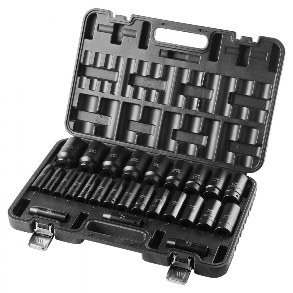 VEVOR Drive Impact Socket Set 1/2" - 26 Piece Deep Socket Set Metric 11-36 mm, 6 Point CR-V & Cr-Mo Alloy Steel for Auto Repair - Easy-to-Read Size Markings, Rugged Sockets Organizer, Storage Case