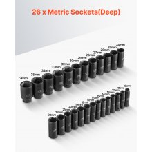VEVOR Drive Impact Socket Set 1/2" 26 Piece Deep Sockets Set Metric 11mm -36mm