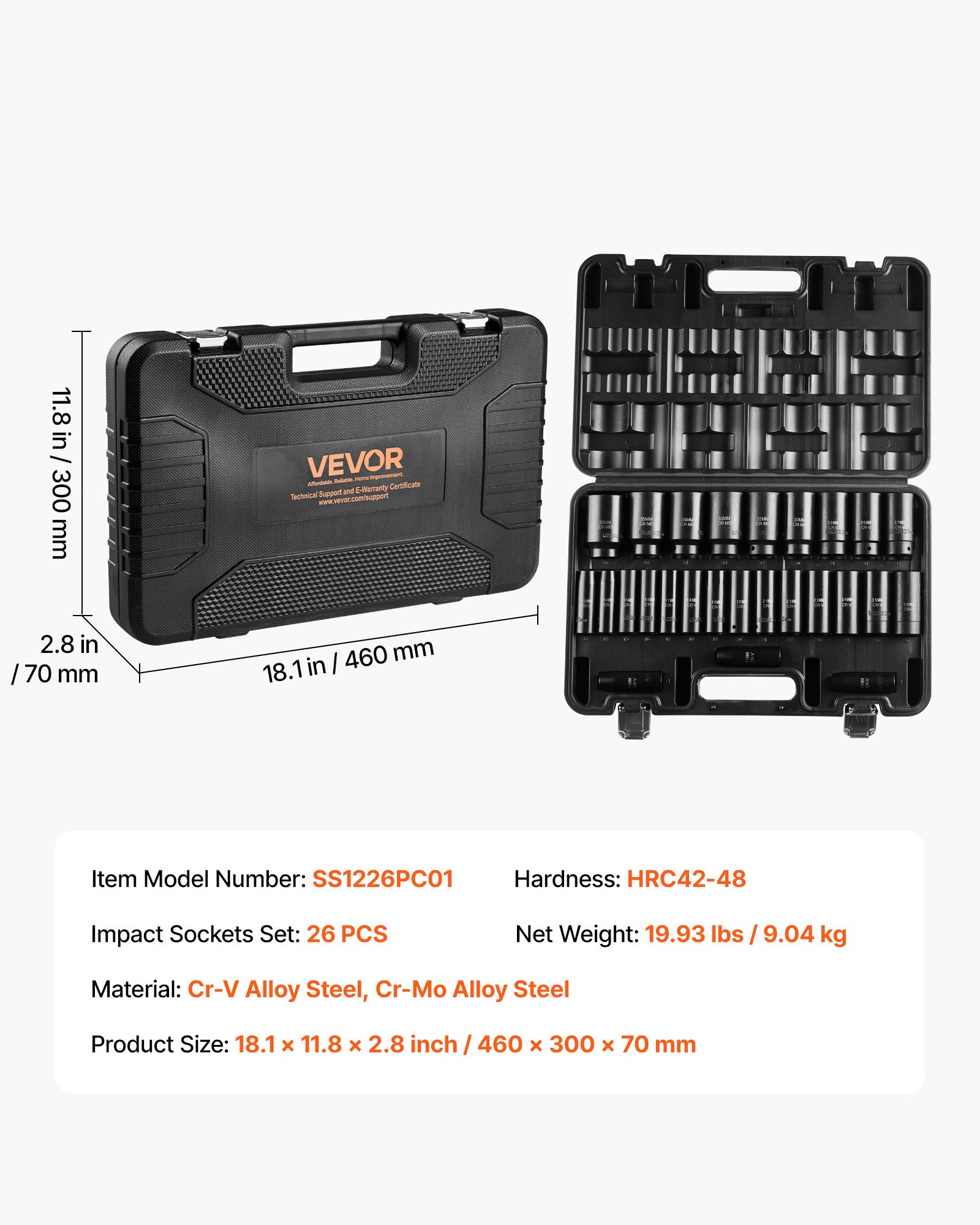 VEVOR Drive Impact Socket Set 1/2" - 26 Piece Deep Socket Set Metric 11-36 mm, 6 Point CR-V & Cr-Mo Alloy Steel for Auto Repair - Easy-to-Read Size Markings, Rugged Sockets Organizer, Storage Case