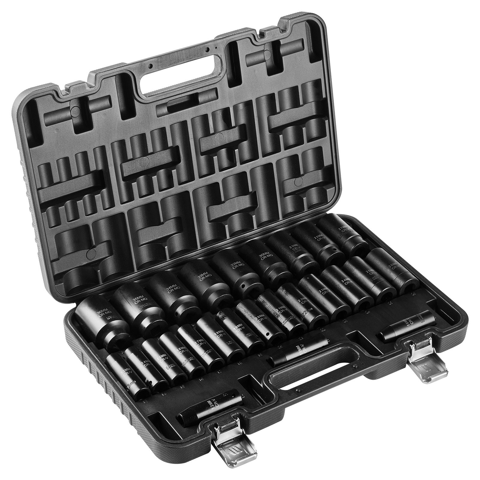 VEVOR Drive Impact Socket Set 1/2" - 26 Piece Deep Socket Set Metric 11-36 mm, 6 Point CR-V & Cr-Mo Alloy Steel for Auto Repair - Easy-to-Read Size Markings, Rugged Sockets Organizer, Storage Case