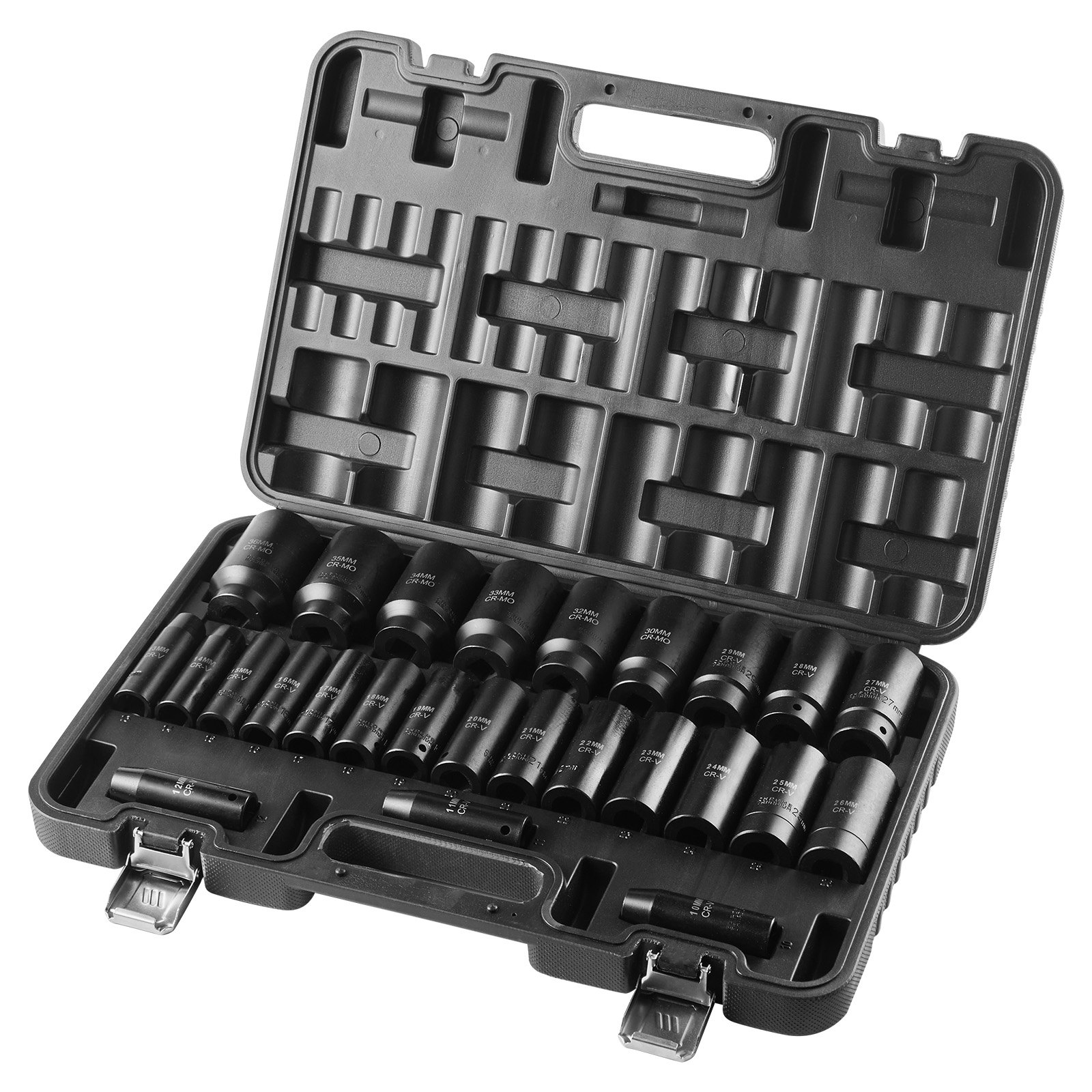 VEVOR Drive Impact Socket Set 1/2" - 26 Piece Deep Socket Set Metric 11-36 mm, 6 Point CR-V & Cr-Mo Alloy Steel for Auto Repair - Easy-to-Read Size Markings, Rugged Sockets Organizer, Storage Case