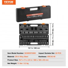 VEVOR Impact Sockets Set 29pcs 6-Point 3/8in Drive Bit Ratchet Tool Kit Case
