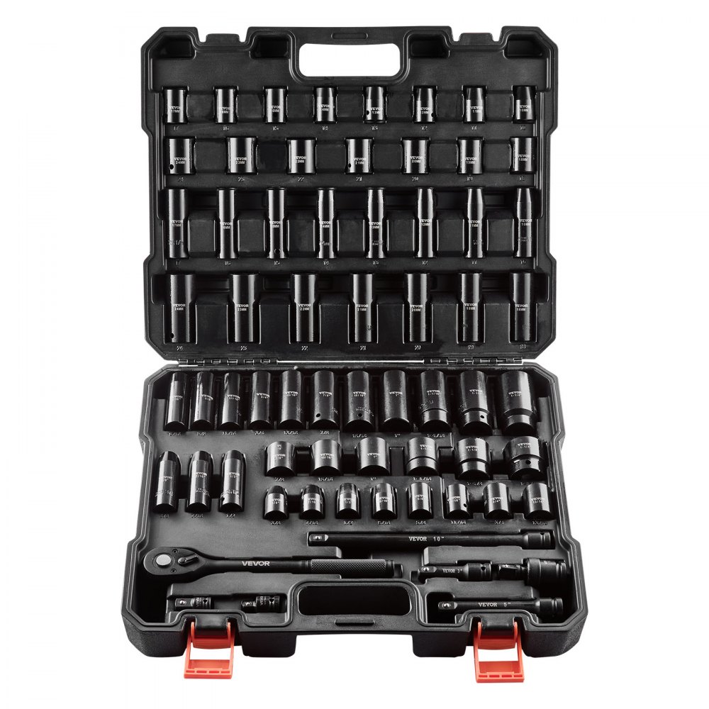 VEVOR Drive Impact Socket Set 1/2" - 65PCS Deep & Standard Socket Set SAE 3/8" to 1-1/4" and Metric 10-24mm, 6 Point CR-V & Cr-Mo Alloy Steel for Auto Repair - Easy-to-Read Size Markings, Storage Case