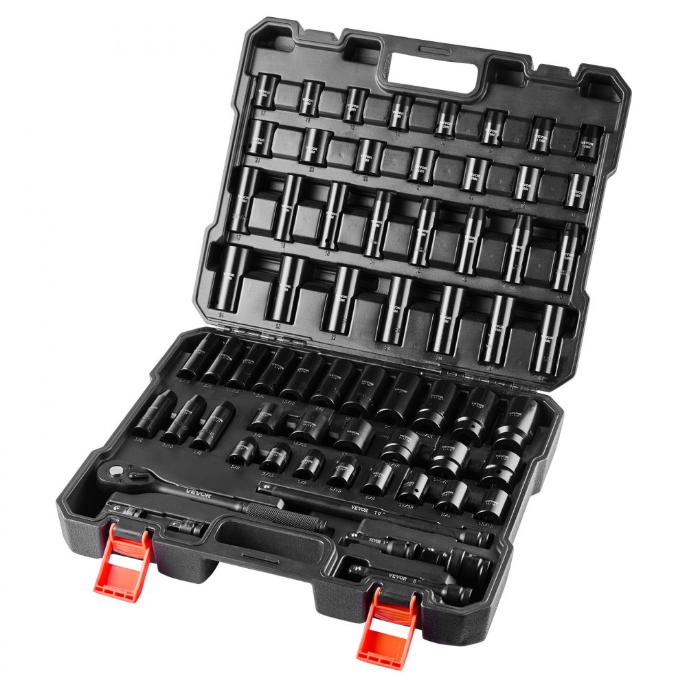 VEVOR Drive Impact Socket Set 1/2" - 65PCS Deep & Standard Socket Set SAE 3/8" to 1-1/4" and Metric 10-24mm, 6 Point CR-V & Cr-Mo Alloy Steel for Auto Repair - Easy-to-Read Size Markings, Storage Case