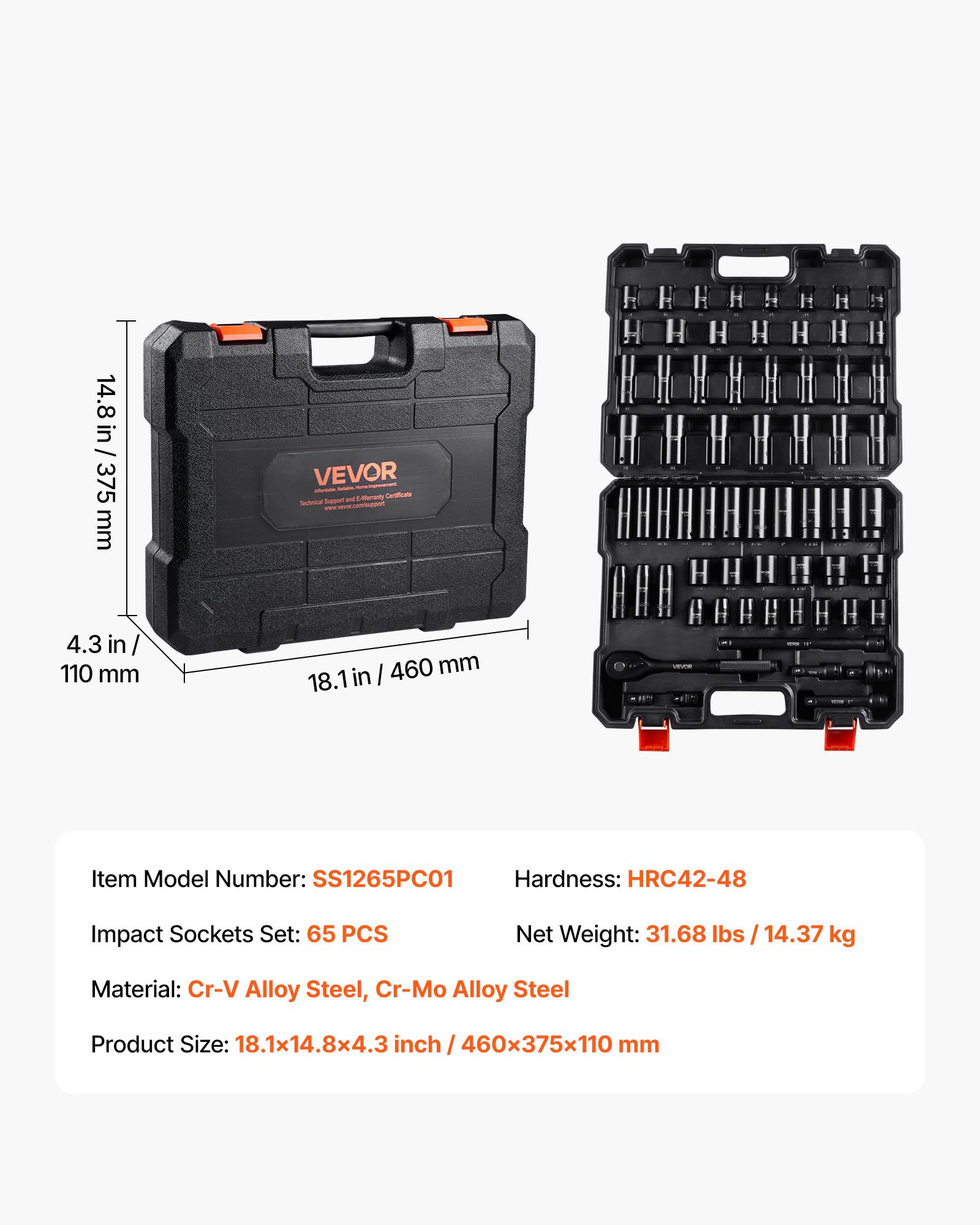 VEVOR Drive Impact Socket Set 1/2" - 65PCS Deep & Standard Socket Set SAE 3/8" to 1-1/4" and Metric 10-24mm, 6 Point CR-V & Cr-Mo Alloy Steel for Auto Repair - Easy-to-Read Size Markings, Storage Case