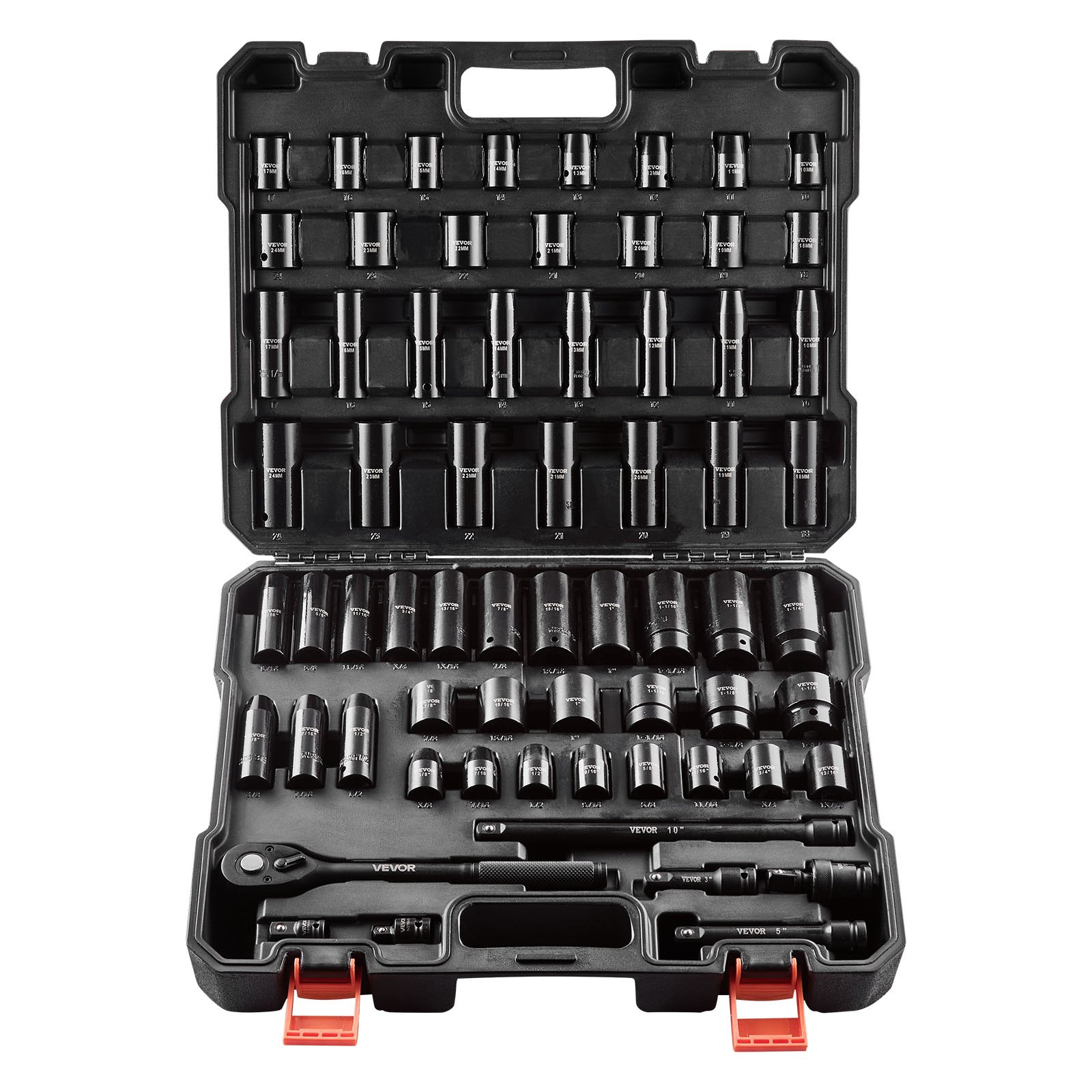 VEVOR Drive Impact Socket Set 1/2" - 65PCS Deep & Standard Socket Set SAE 3/8" to 1-1/4" and Metric 10-24mm, 6 Point CR-V & Cr-Mo Alloy Steel for Auto Repair - Easy-to-Read Size Markings, Storage Case