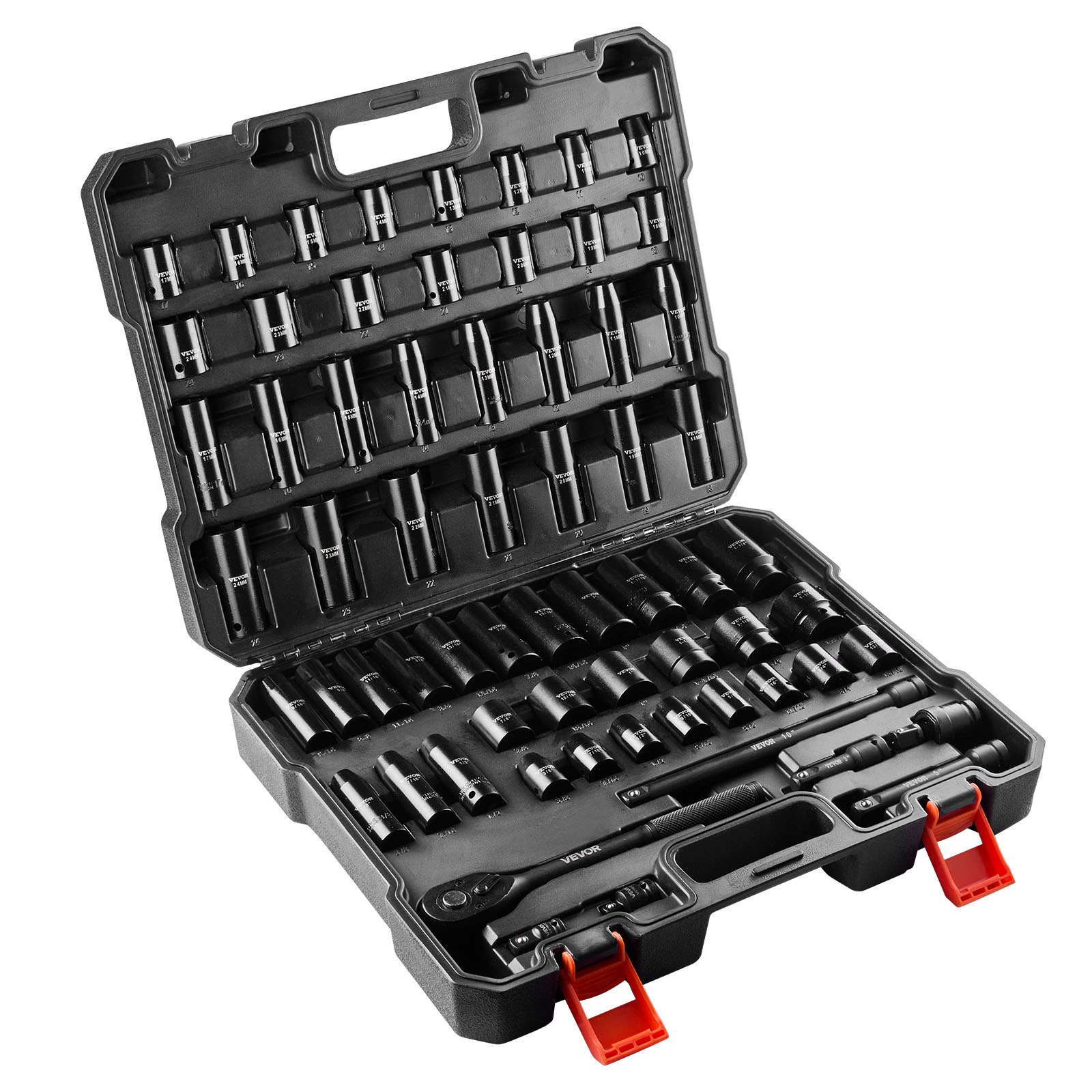 VEVOR Drive Impact Socket Set 1/2" - 65PCS Deep & Standard Socket Set SAE 3/8" to 1-1/4" and Metric 10-24mm, 6 Point CR-V & Cr-Mo Alloy Steel for Auto Repair - Easy-to-Read Size Markings, Storage Case