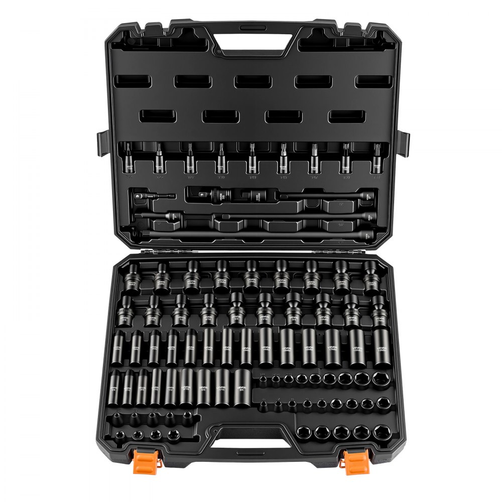 VEVOR Impact Socket Set, 3/8" Drive, 90-Piece Socket Set, 6 Point Sockets, SAE 1/4"-3/4" and Metric 6-19 mm, Easy to Identify, with Adapters, Sturdy Storage Case, Cr-Mo Alloy Steel for Vehicles Repair