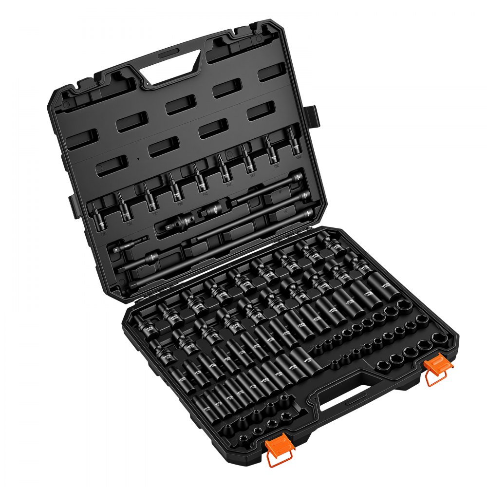 VEVOR Impact Socket Set, 3/8" Drive, 90-Piece Socket Set, 6 Point Sockets, SAE 1/4"-3/4" and Metric 6-19 mm, Easy to Identify, with Adapters, Sturdy Storage Case, Cr-Mo Alloy Steel for Vehicles Repair