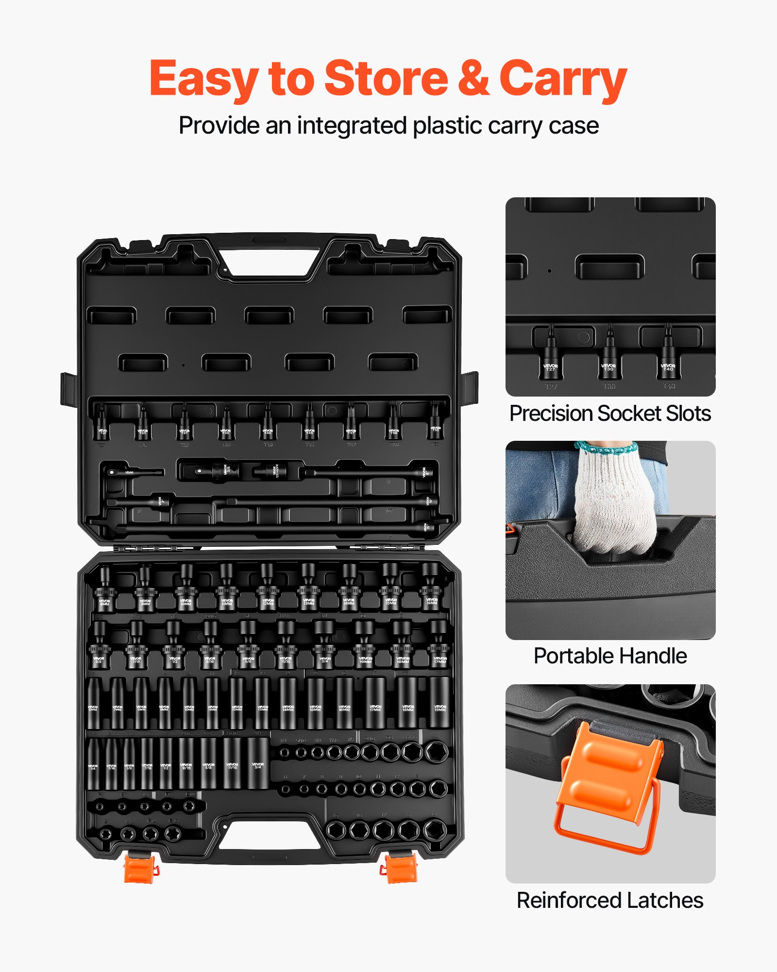 VEVOR Impact Socket Set, 3/8" Drive, 90-Piece Socket Set, 6 Point Sockets, SAE 1/4"-3/4" and Metric 6-19 mm, Easy to Identify, with Adapters, Sturdy Storage Case, Cr-Mo Alloy Steel for Vehicles Repair