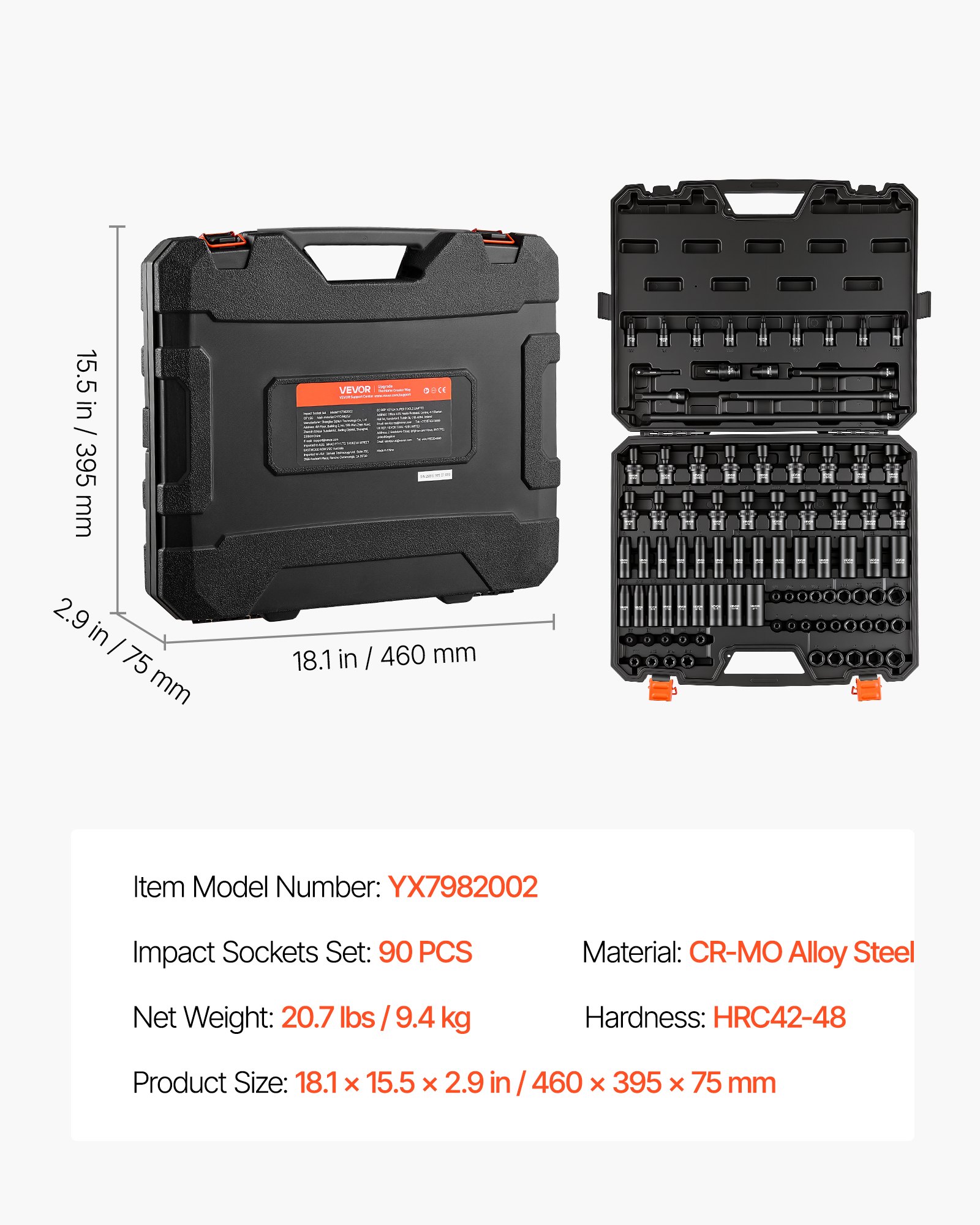 VEVOR Impact Socket Set, 3/8" Drive, 90-Piece Socket Set, 6 Point Sockets, SAE 1/4"-3/4" and Metric 6-19 mm, Easy to Identify, with Adapters, Sturdy Storage Case, Cr-Mo Alloy Steel for Vehicles Repair
