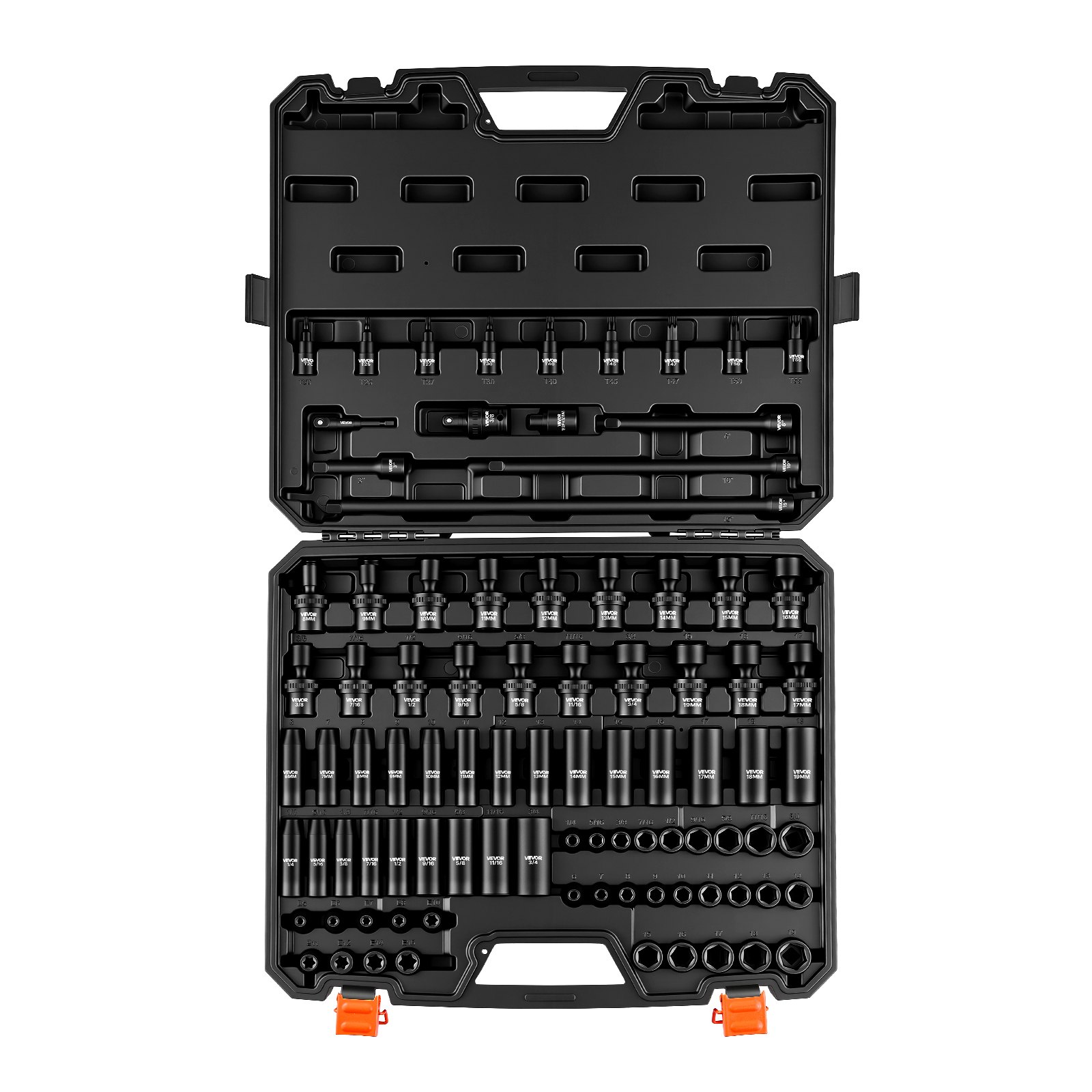 VEVOR Impact Socket Set, 3/8" Drive, 90-Piece Socket Set, 6 Point Sockets, SAE 1/4"-3/4" and Metric 6-19 mm, Easy to Identify, with Adapters, Sturdy Storage Case, Cr-Mo Alloy Steel for Vehicles Repair