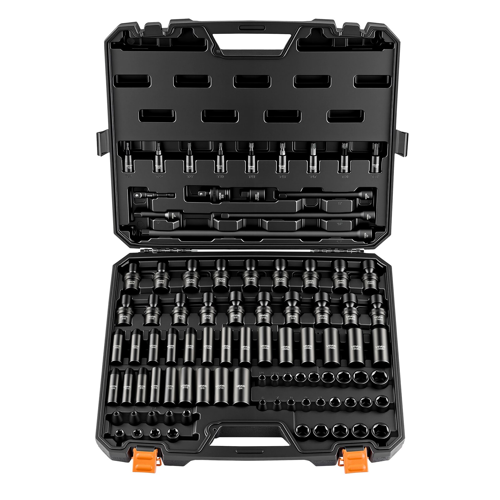 VEVOR Impact Socket Set, 3/8" Drive, 90-Piece Socket Set, 6 Point Sockets, SAE 1/4"-3/4" and Metric 6-19 mm, Easy to Identify, with Adapters, Sturdy Storage Case, Cr-Mo Alloy Steel for Vehicles Repair