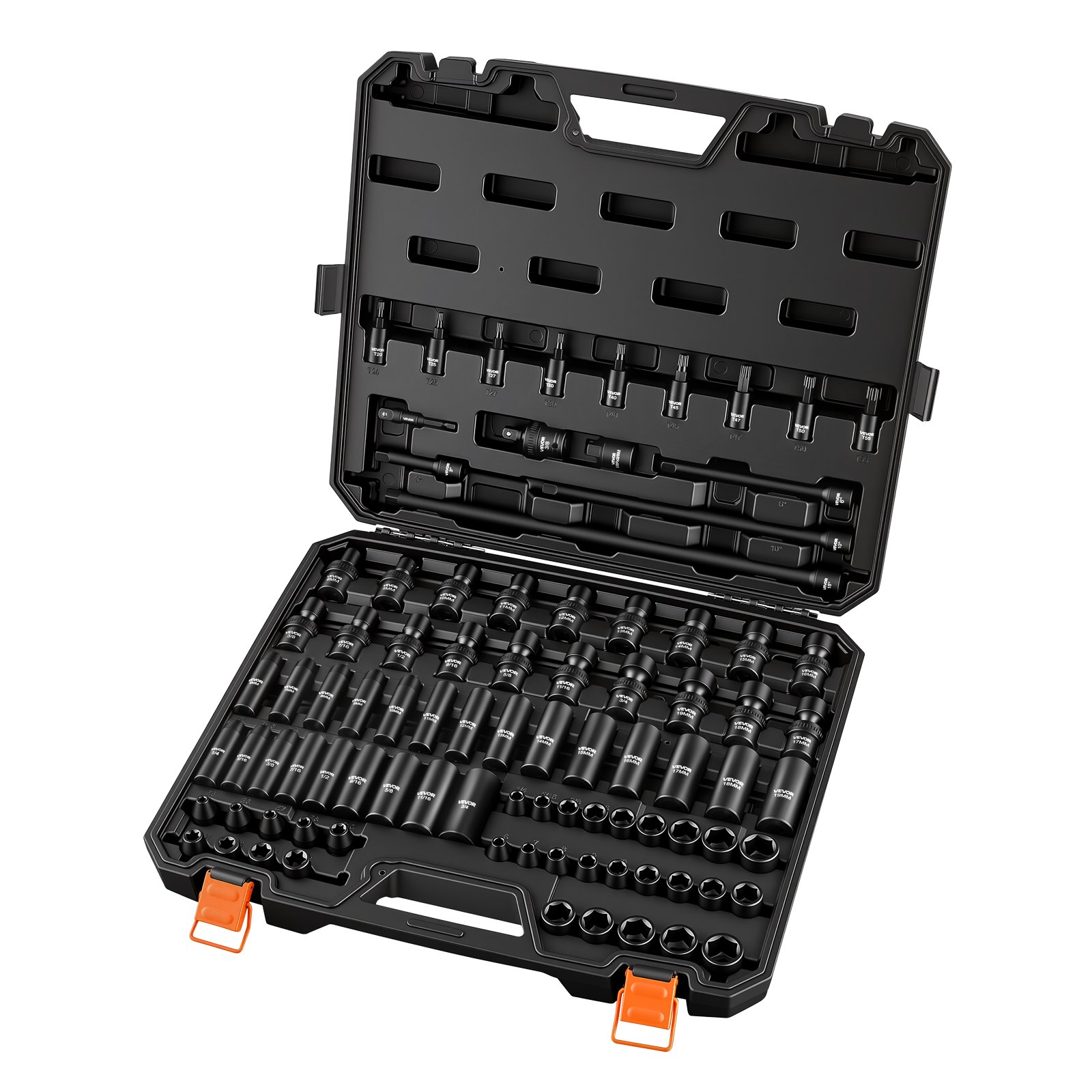 VEVOR Impact Socket Set, 3/8" Drive, 90-Piece Socket Set, 6 Point Sockets, SAE 1/4"-3/4" and Metric 6-19 mm, Easy to Identify, with Adapters, Sturdy Storage Case, Cr-Mo Alloy Steel for Vehicles Repair
